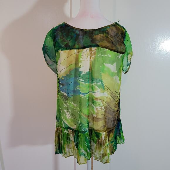 Sundance Size S 100% Silk Watercolor Floral Ruffle Hem Blouse Lined Sheer - Picture 3 of 11